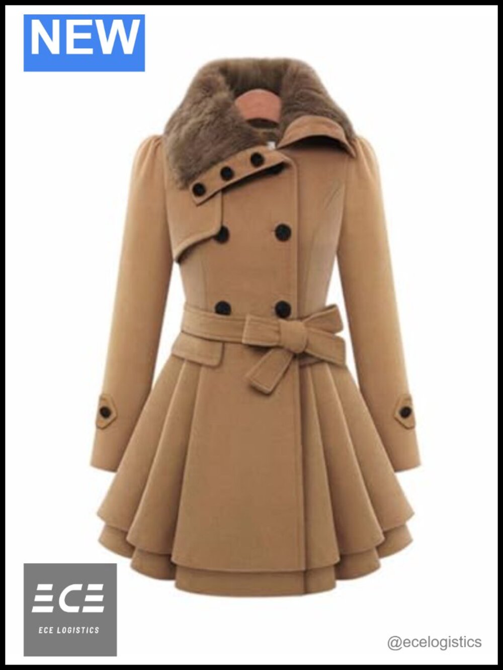 Faux Fur Collar Double Breasted Belted Trench Coat Pea Coat